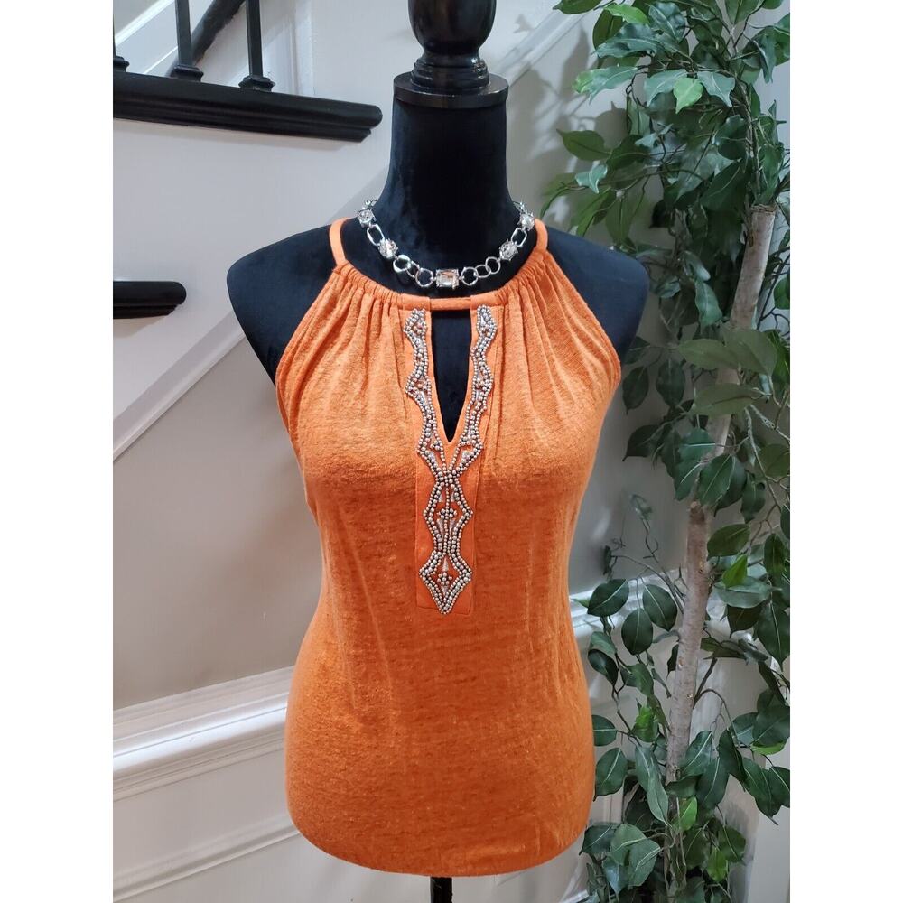 International Concepts Orange 100% Linen Round Neck Sleeveless Top Blouse Small - Picture 8 of 12